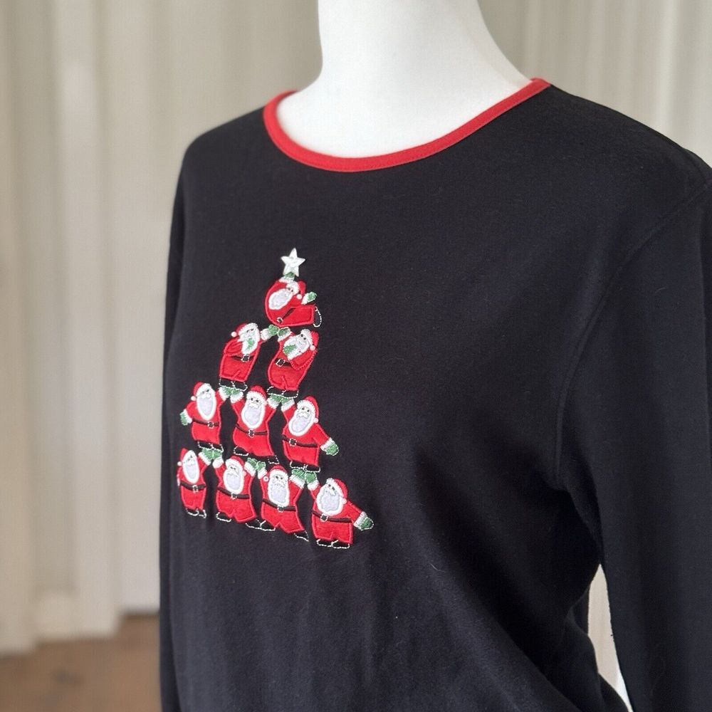Vtg 90s Christmas 3d Beaded‎ Santa Claus Embroidered Tree Womens Sz M Black